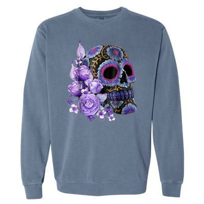 Sugar Purple Rose Skull Floral Garment-Dyed Sweatshirt