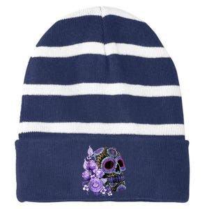 Sugar Purple Rose Skull Floral Striped Beanie with Solid Band