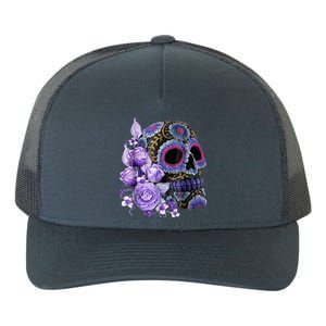 Sugar Purple Rose Skull Floral Yupoong Adult 5-Panel Trucker Hat