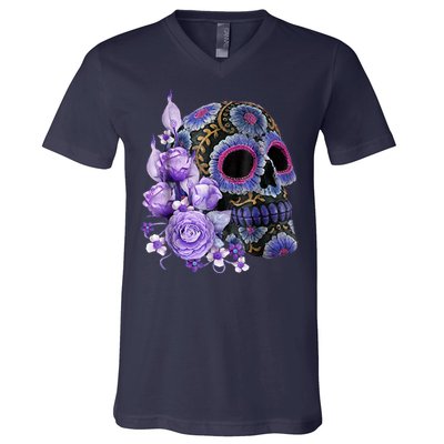 Sugar Purple Rose Skull Floral V-Neck T-Shirt