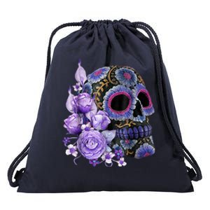 Sugar Purple Rose Skull Floral Drawstring Bag