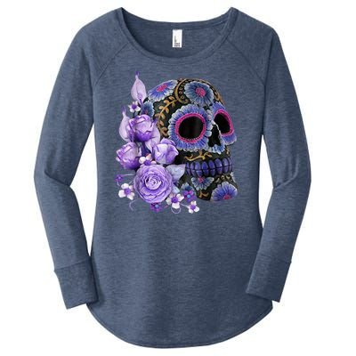 Sugar Purple Rose Skull Floral Women's Perfect Tri Tunic Long Sleeve Shirt