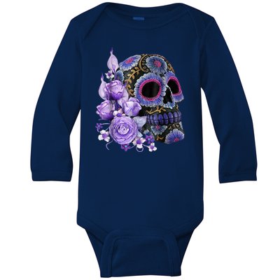 Sugar Purple Rose Skull Floral Baby Long Sleeve Bodysuit