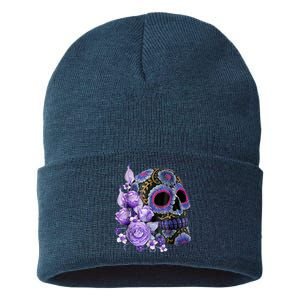 Sugar Purple Rose Skull Floral Sustainable Knit Beanie