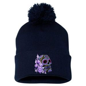 Sugar Purple Rose Skull Floral Pom Pom 12in Knit Beanie