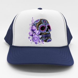 Sugar Purple Rose Skull Floral Trucker Hat