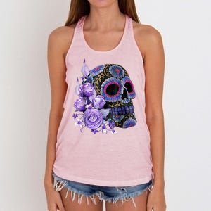 Sugar Purple Rose Skull Floral Women's Knotted Racerback Tank