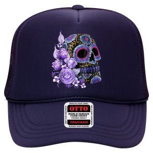 Sugar Purple Rose Skull Floral High Crown Mesh Back Trucker Hat