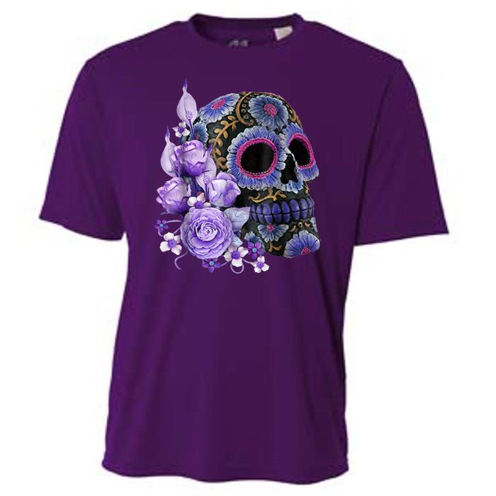 Sugar Purple Rose Skull Floral Cooling Performance Crew T-Shirt