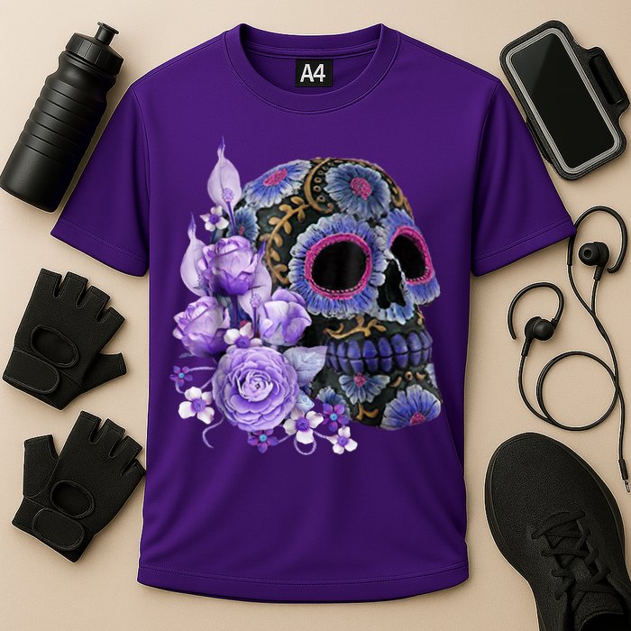 Sugar Purple Rose Skull Floral Performance Shirt