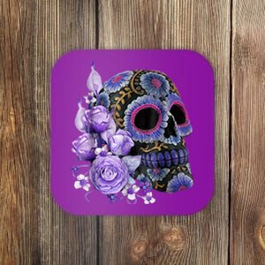 Sugar Purple Rose Skull Floral Coaster