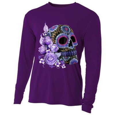 Sugar Purple Rose Skull Floral Cooling Performance Long Sleeve Crew