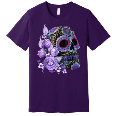 Sugar Purple Rose Skull Floral Premium T-Shirt