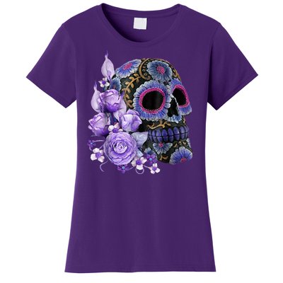 Sugar Purple Rose Skull Floral Women's T-Shirt