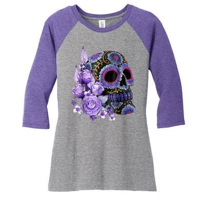 Sugar Purple Rose Skull Floral Women's Tri-Blend 3/4-Sleeve Raglan Shirt