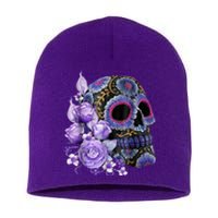 Sugar Purple Rose Skull Floral Short Acrylic Beanie