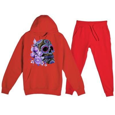 Sugar Purple Rose Skull Floral Premium Hooded Sweatsuit Set