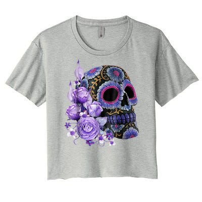 Sugar Purple Rose Skull Floral Women's Crop Top Tee