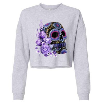 Sugar Purple Rose Skull Floral Cropped Pullover Crew