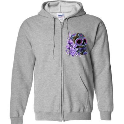 Sugar Purple Rose Skull Floral Full Zip Hoodie