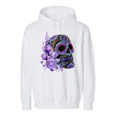 Sugar Purple Rose Skull Floral Garment-Dyed Fleece Hoodie