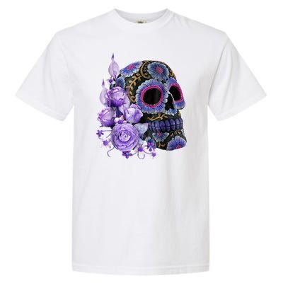 Sugar Purple Rose Skull Floral Garment-Dyed Heavyweight T-Shirt