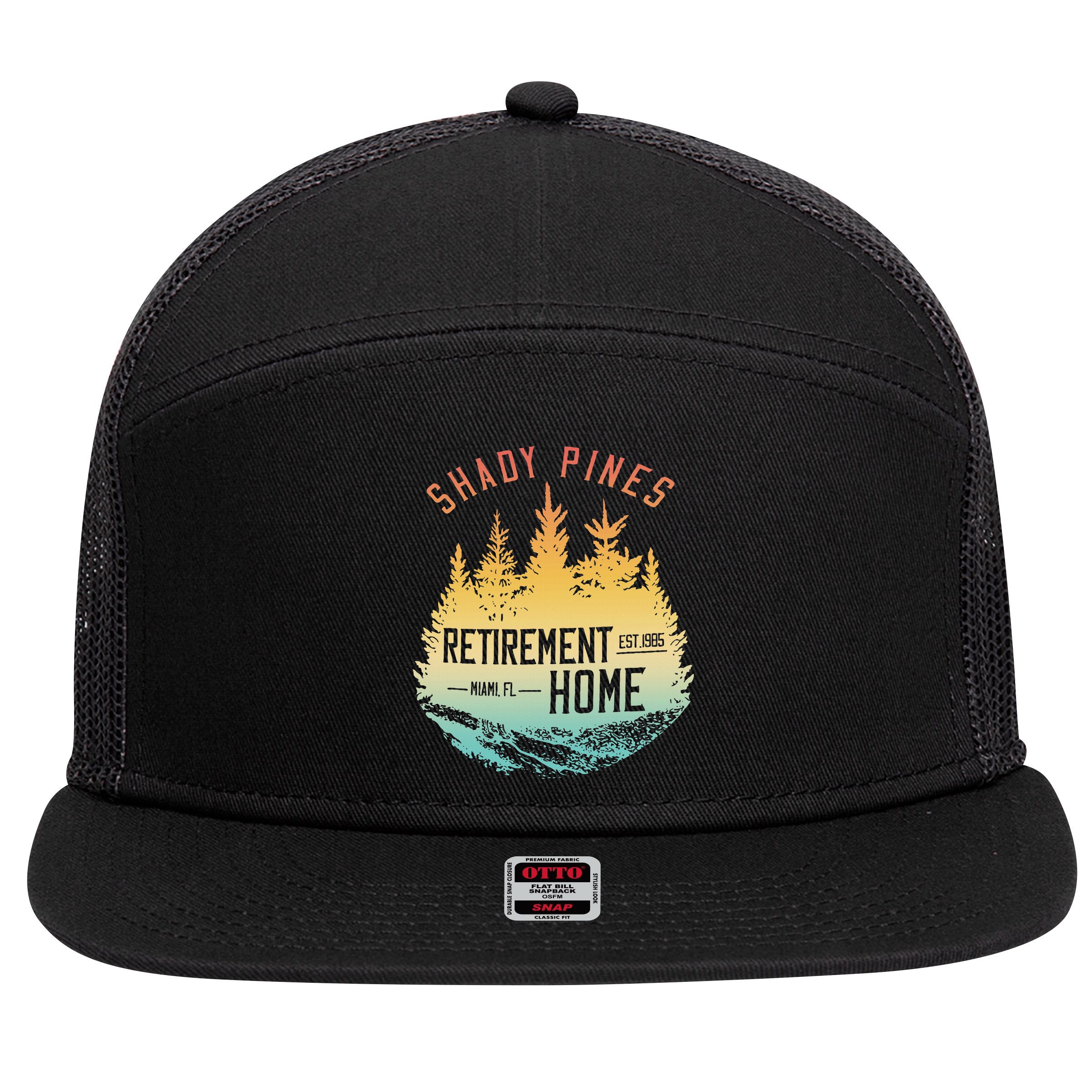 Shady Pines Retirement Est.1985 Miami Fl Home Apparel 7 Panel Mesh Trucker Snapback Hat
