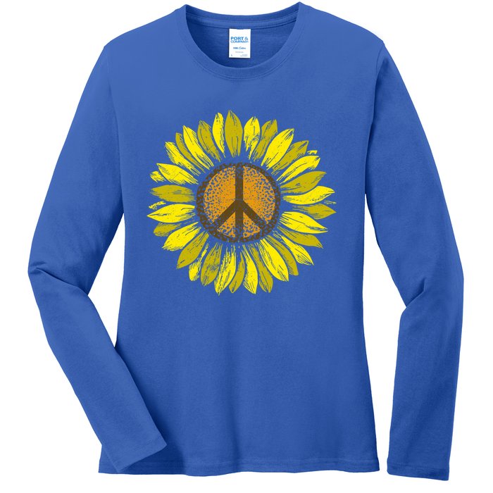 Sunflower Peace Sign Floral Hippie Love Retro Flower Peace Gift Ladies Long Sleeve Shirt