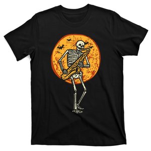 Skeleton Playing Saxophone Jazz Halloween Music T-Shirt