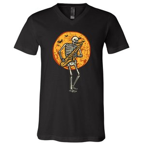 Skeleton Playing Saxophone Jazz Halloween Music V-Neck T-Shirt