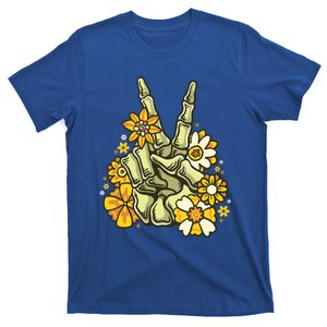 Skeleton Peace Sign With Flowers Retro Hippie V Hand Sign Funny Gift T-Shirt