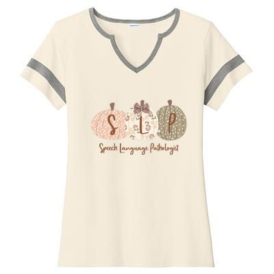 Slp Pumpkin Speech Language Pathologist Fall Autumn Ladies Halftime Notch Neck Tee