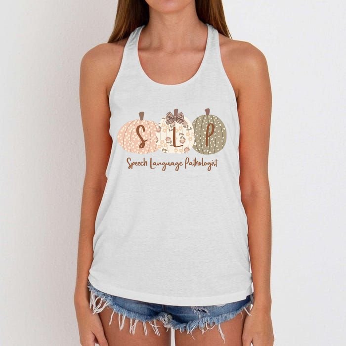 Slp Pumpkin Speech Language Pathologist Fall Autumn Women's Knotted Racerback Tank