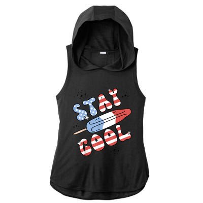 Summer Popsicle Stay Cool 4th Of July Retro Groovy US Flag Ladies PosiCharge Tri-Blend Wicking Draft Hoodie Tank