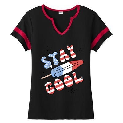 Summer Popsicle Stay Cool 4th Of July Retro Groovy US Flag Ladies Halftime Notch Neck Tee