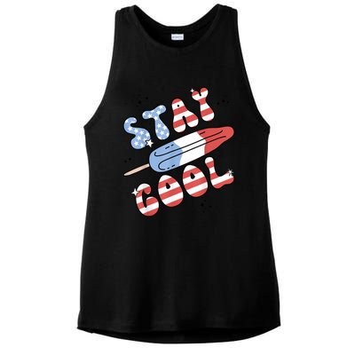 Summer Popsicle Stay Cool 4th Of July Retro Groovy US Flag Ladies PosiCharge Tri-Blend Wicking Tank