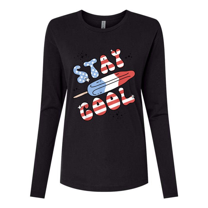 Summer Popsicle Stay Cool 4th Of July Retro Groovy US Flag Womens Cotton Relaxed Long Sleeve T-Shirt