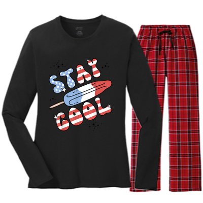 Summer Popsicle Stay Cool 4th Of July Retro Groovy US Flag Women's Long Sleeve Flannel Pajama Set 