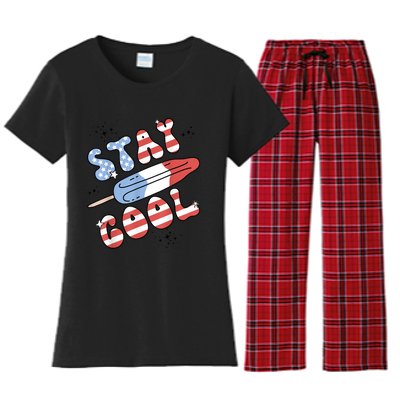 Summer Popsicle Stay Cool 4th Of July Retro Groovy US Flag Women's Flannel Pajama Set