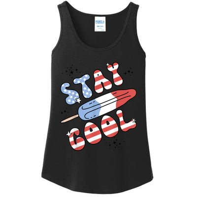 Summer Popsicle Stay Cool 4th Of July Retro Groovy US Flag Ladies Essential Tank