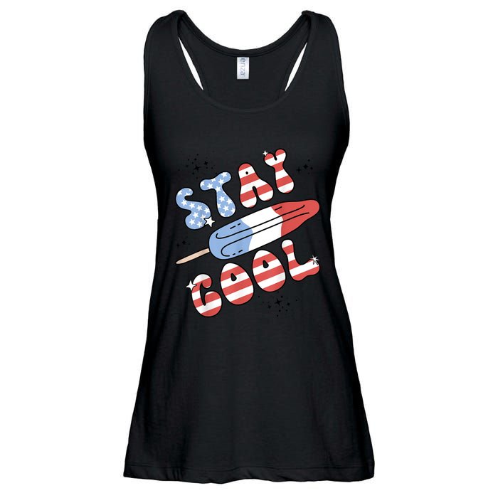 Summer Popsicle Stay Cool 4th Of July Retro Groovy US Flag Ladies Essential Flowy Tank