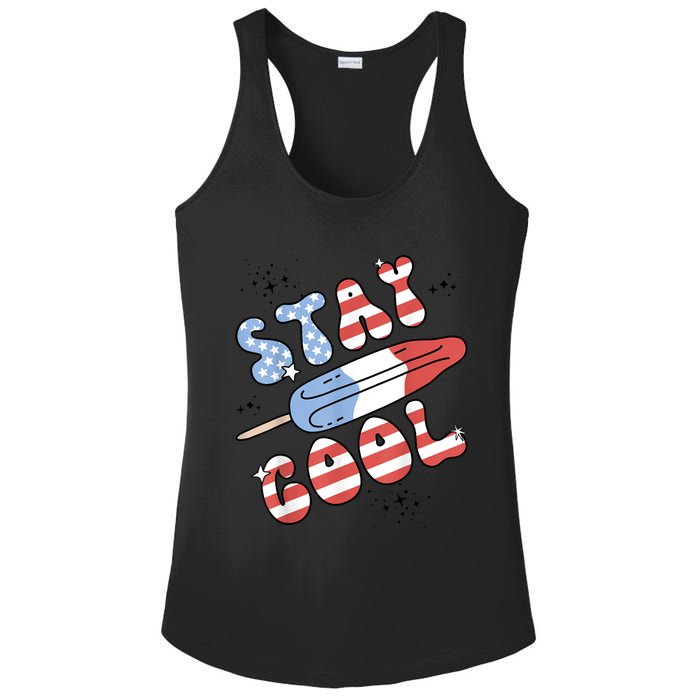 Summer Popsicle Stay Cool 4th Of July Retro Groovy US Flag Ladies PosiCharge Competitor Racerback Tank