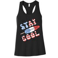 Summer Popsicle Stay Cool 4th Of July Retro Groovy US Flag Women's Racerback Tank