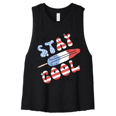 Summer Popsicle Stay Cool 4th Of July Retro Groovy US Flag Women's Racerback Cropped Tank