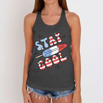 Summer Popsicle Stay Cool 4th Of July Retro Groovy US Flag Women's Knotted Racerback Tank