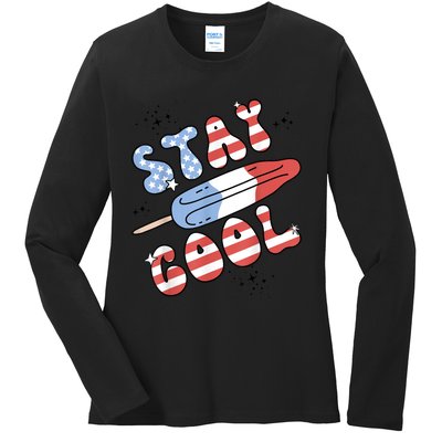 Summer Popsicle Stay Cool 4th Of July Retro Groovy US Flag Ladies Long Sleeve Shirt