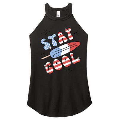 Summer Popsicle Stay Cool 4th Of July Retro Groovy US Flag Women's Perfect Tri Rocker Tank