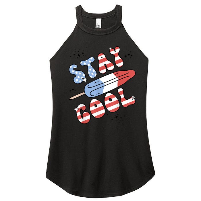 Summer Popsicle Stay Cool 4th Of July Retro Groovy US Flag Women's Perfect Tri Rocker Tank