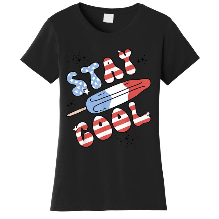 Summer Popsicle Stay Cool 4th Of July Retro Groovy US Flag Women's T-Shirt