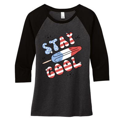 Summer Popsicle Stay Cool 4th Of July Retro Groovy US Flag Women's Tri-Blend 3/4-Sleeve Raglan Shirt